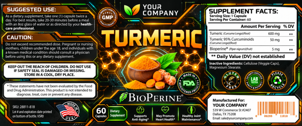 Turmeric with BioPerine Supplement Label – Futuristic & Neon Design