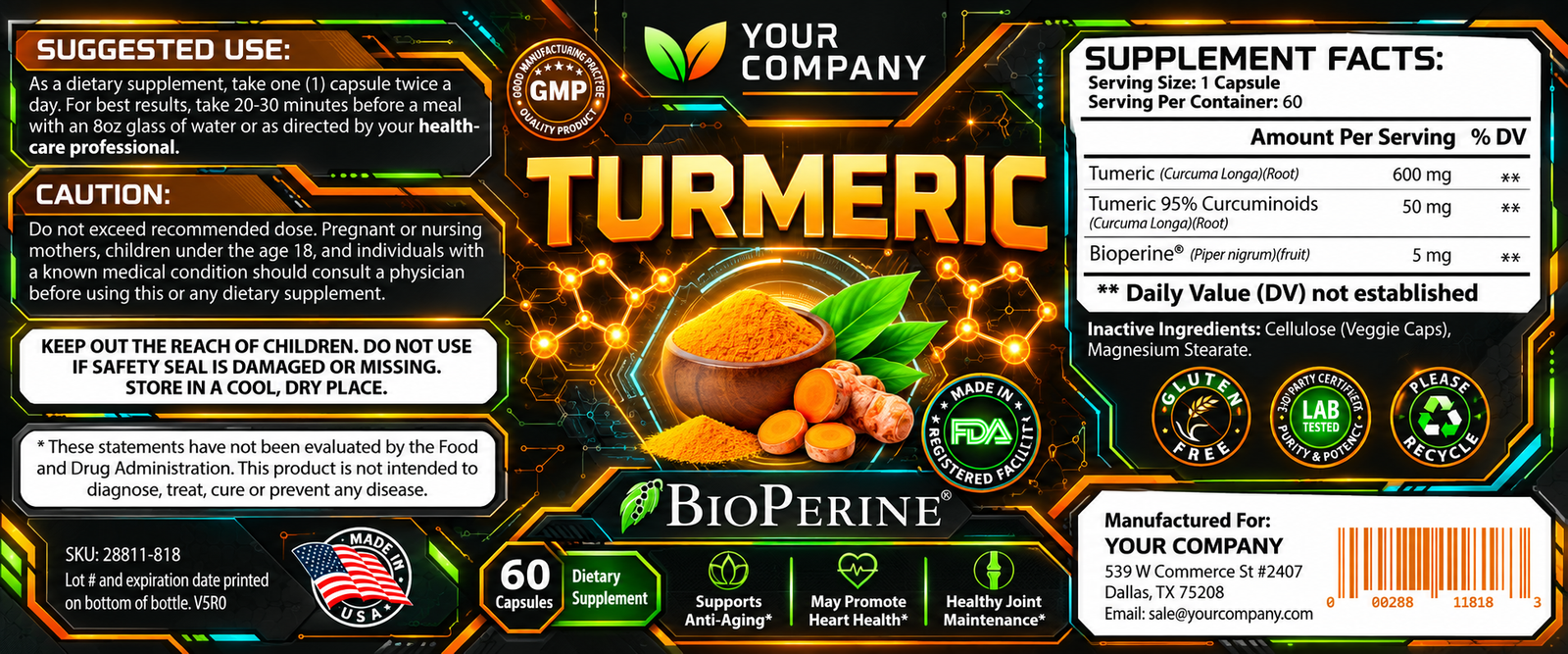 Turmeric with BioPerine Supplement Label – Futuristic & Neon Design