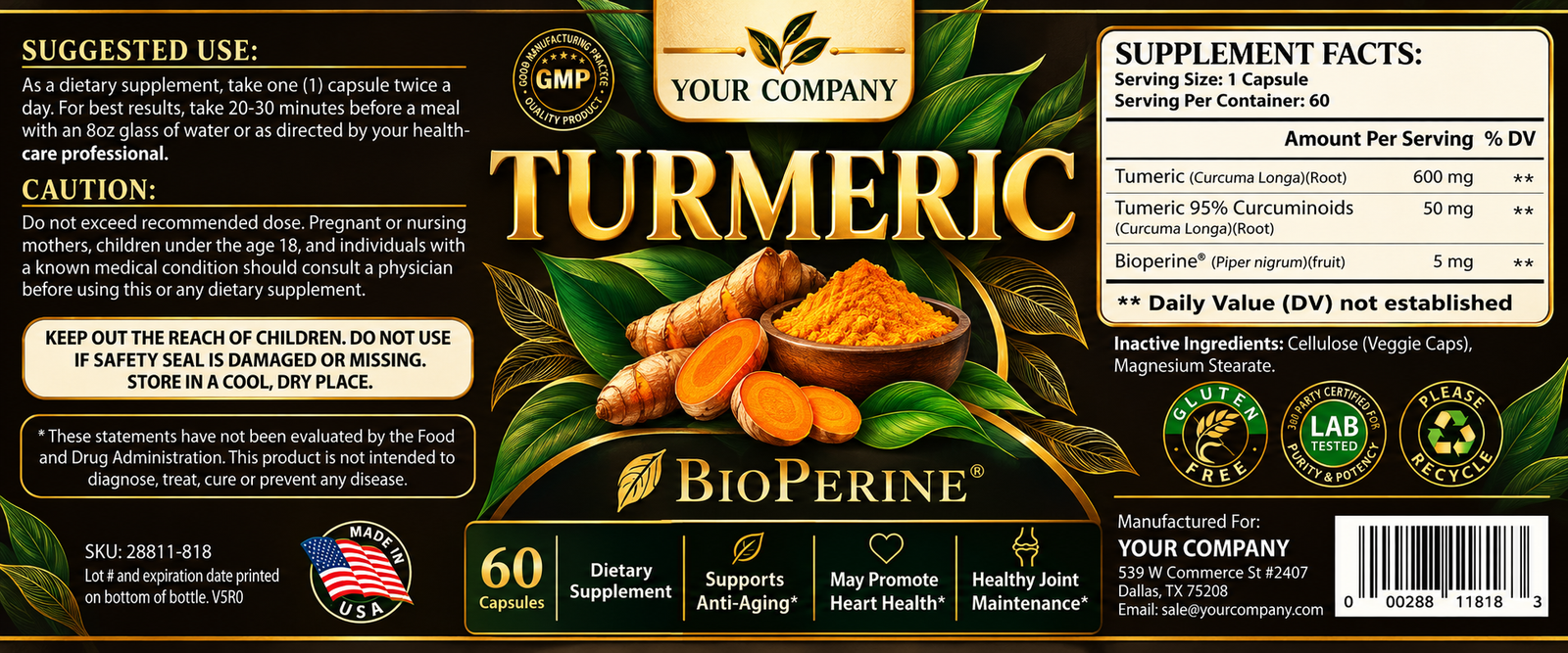 Turmeric with BioPerine Supplement Label – Luxury & Premium Design