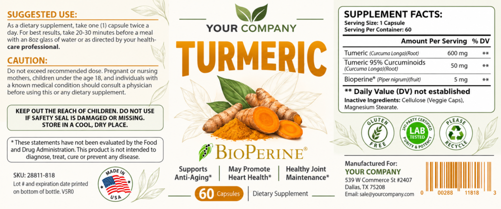 Turmeric with BioPerine Supplement Label – Modern & Clean Design