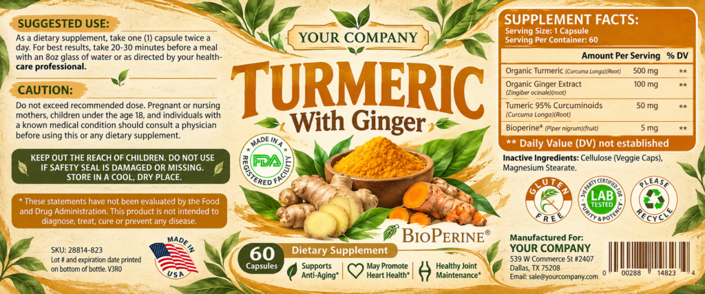 Turmeric with Ginger Supplement Label – Botanical & Natural Design