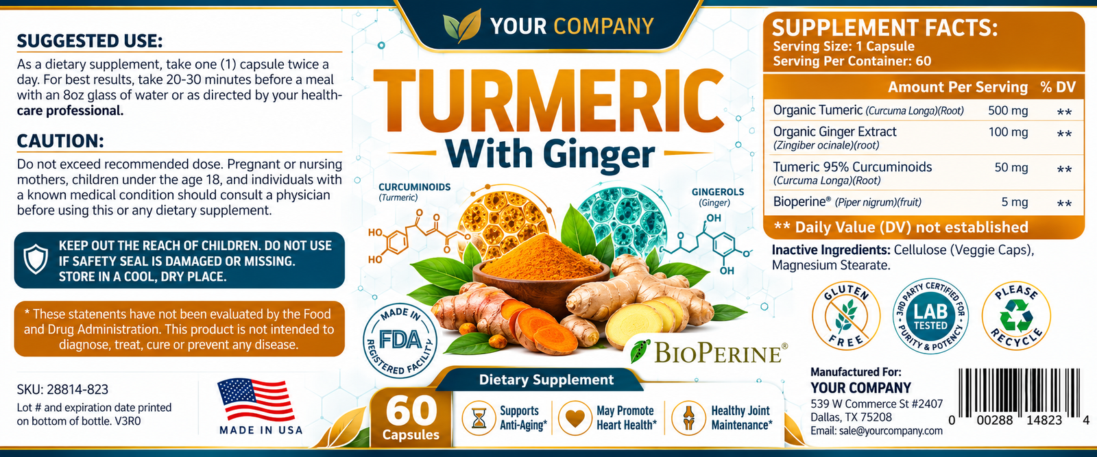 Turmeric with Ginger Supplement Label – Classic & Elegant Design