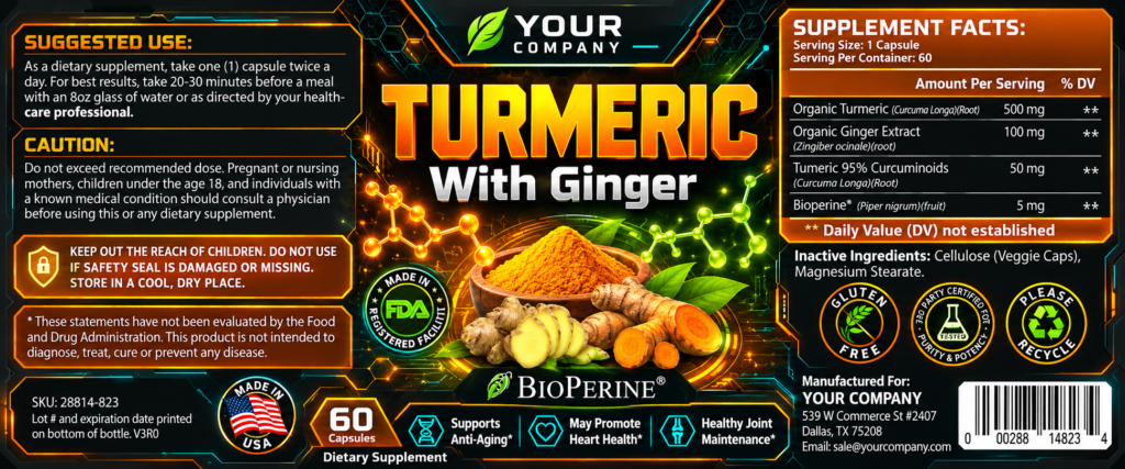 Turmeric with Ginger Supplement Label – Futuristic & Neon Design