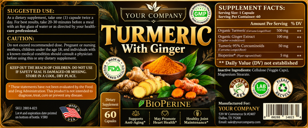 Turmeric with Ginger Supplement Label – Luxury & Premium Design