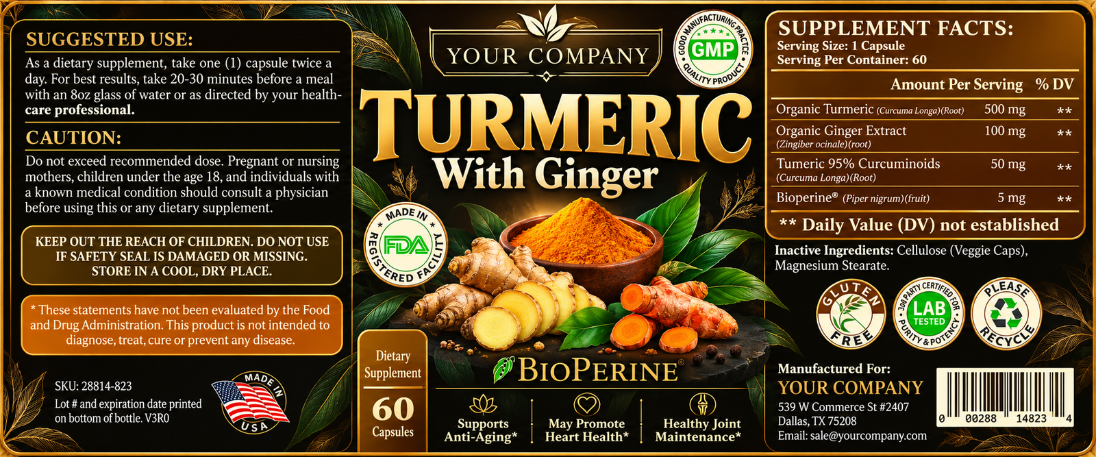 Turmeric with Ginger Supplement Label – Luxury & Premium Design
