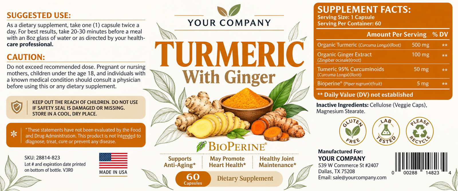 Turmeric with Ginger Supplement Label – Modern & Clean Design
