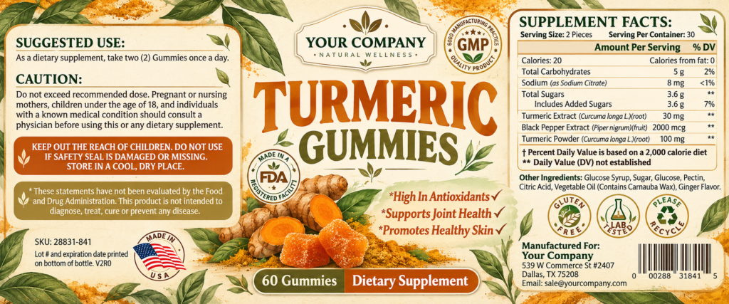 Turmeric Gummies Supplement Label – Botanical & Natural Design