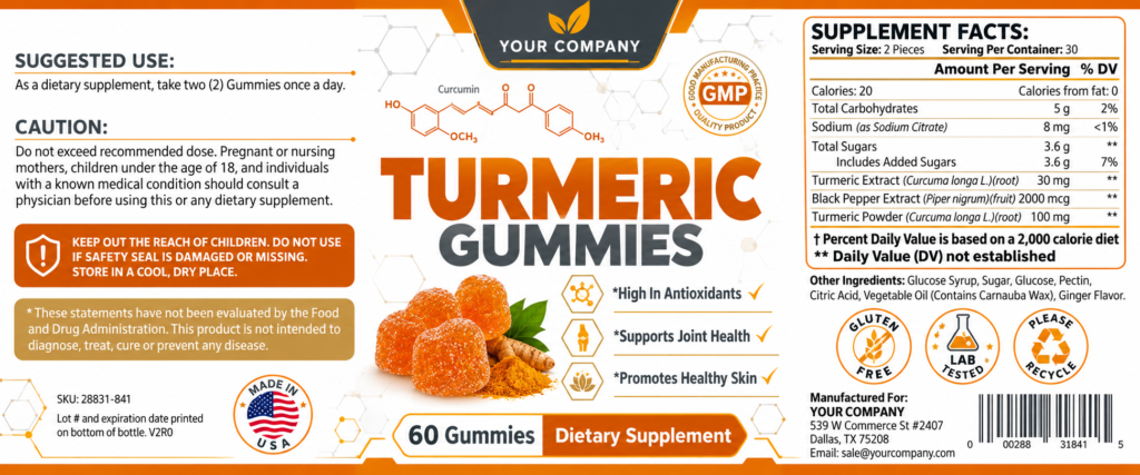 Turmeric Gummies Supplement Label – Classic & Elegant Design