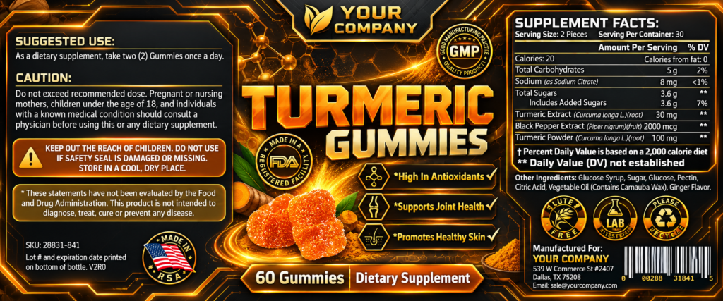 Turmeric Gummies Supplement Label – Futuristic & Neon Design