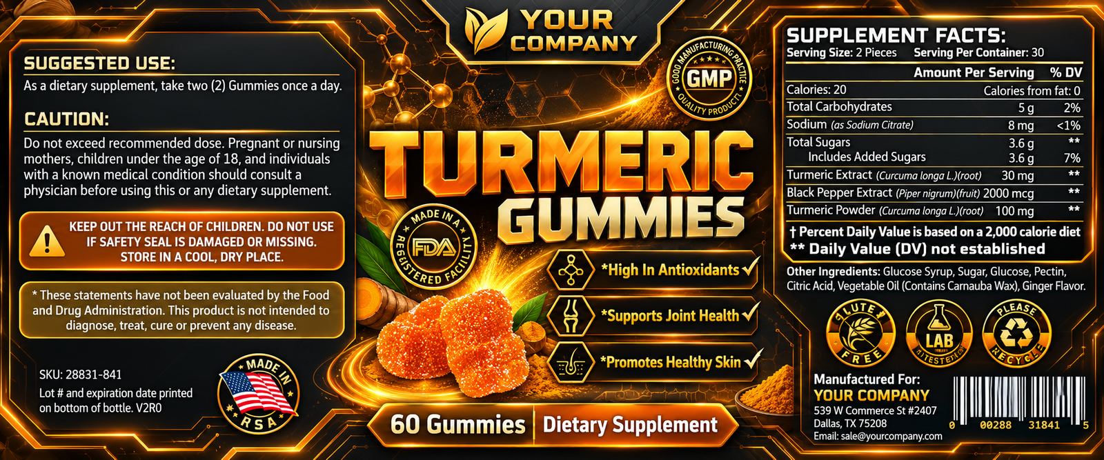 Turmeric Gummies Supplement Label – Futuristic & Neon Design