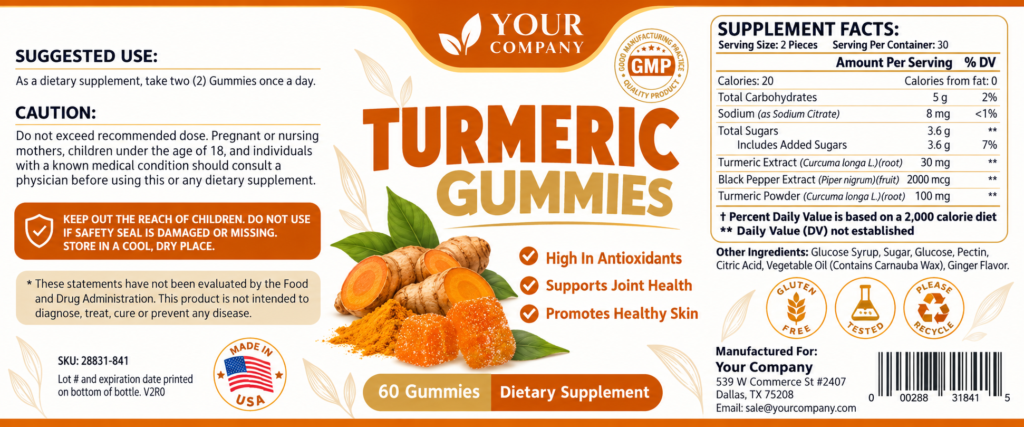 Turmeric Gummies Supplement Label – Modern & Clean Design