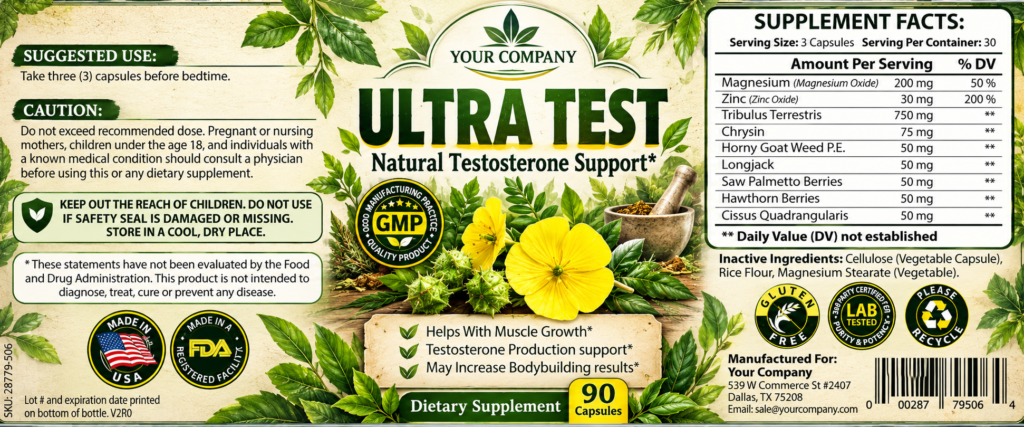 Ultra Test Supplement Label – Botanical & Natural Design