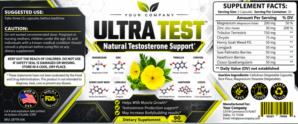 Ultra Test Supplement Label – Classic & Elegant Design