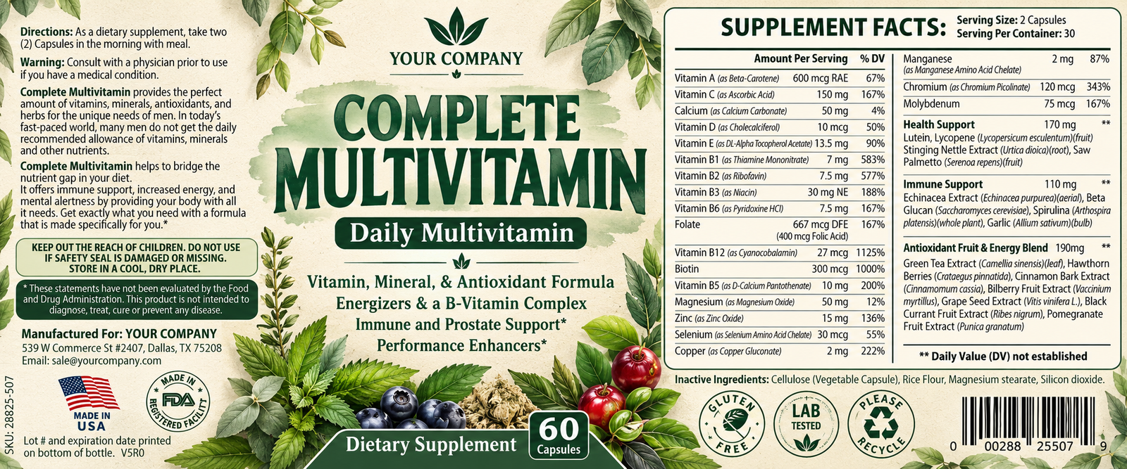 Ultra Vita for Men Supplement Label – Botanical & Natural Design
