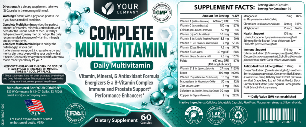 Ultra Vita for Men Supplement Label – Classic & Elegant Design