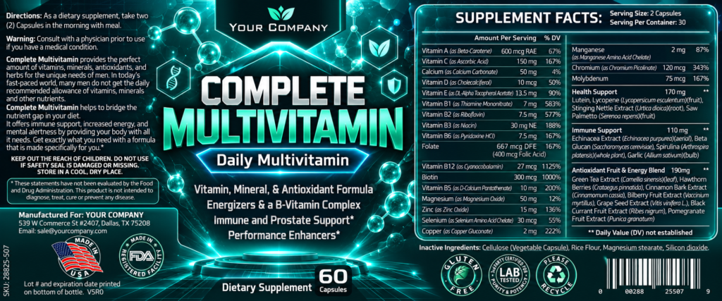 Ultra Vita for Men Supplement Label – Futuristic & Neon Design