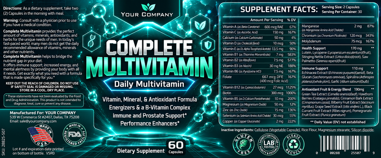 Ultra Vita for Men Supplement Label – Futuristic & Neon Design