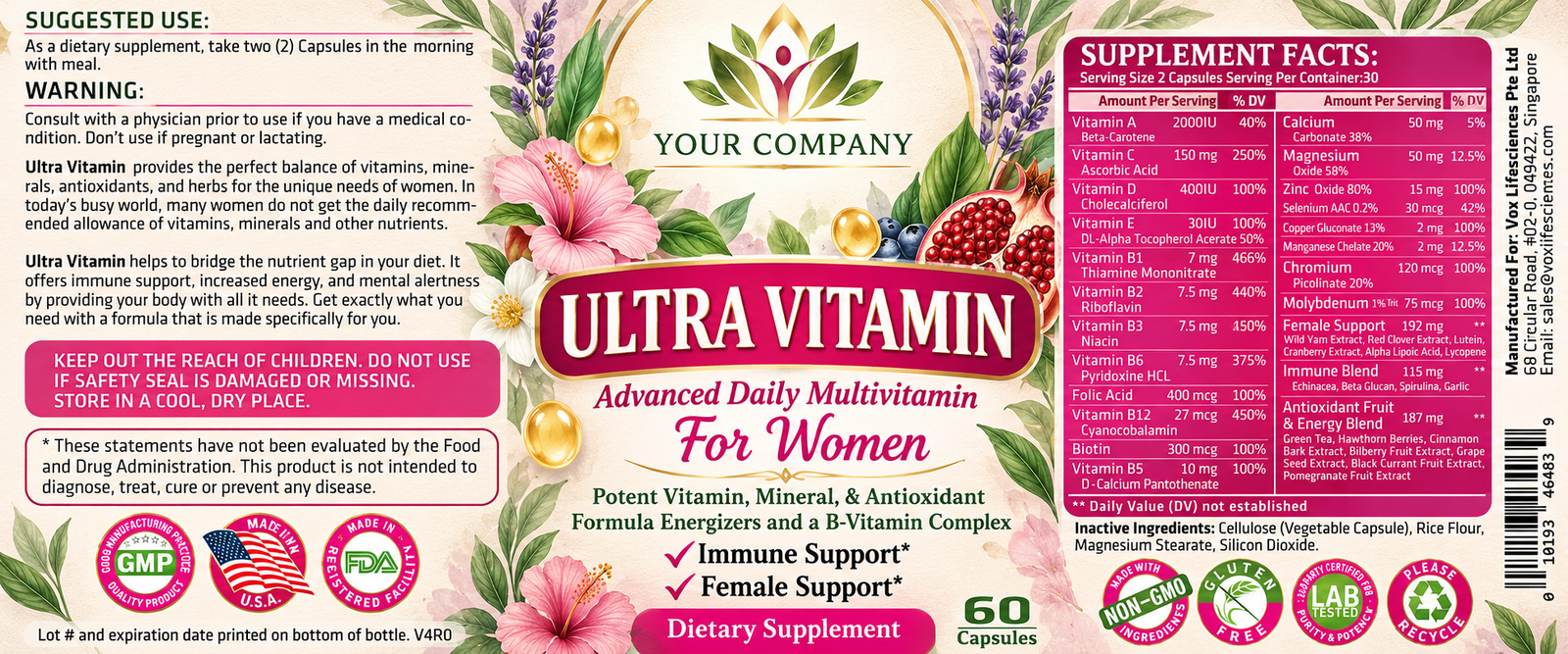 Ultra Vitamin for Women Supplement Label – Botanical & Natural Design