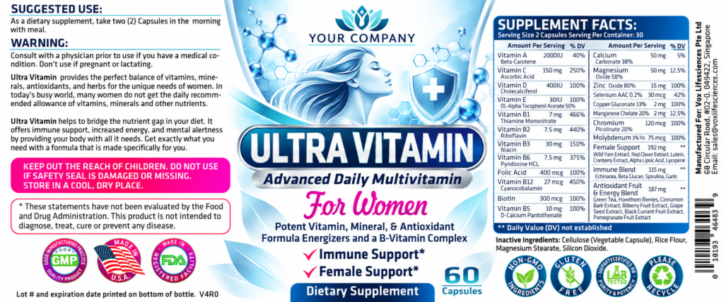 Ultra Vitamin for Women Supplement Label – Classic & Elegant Design
