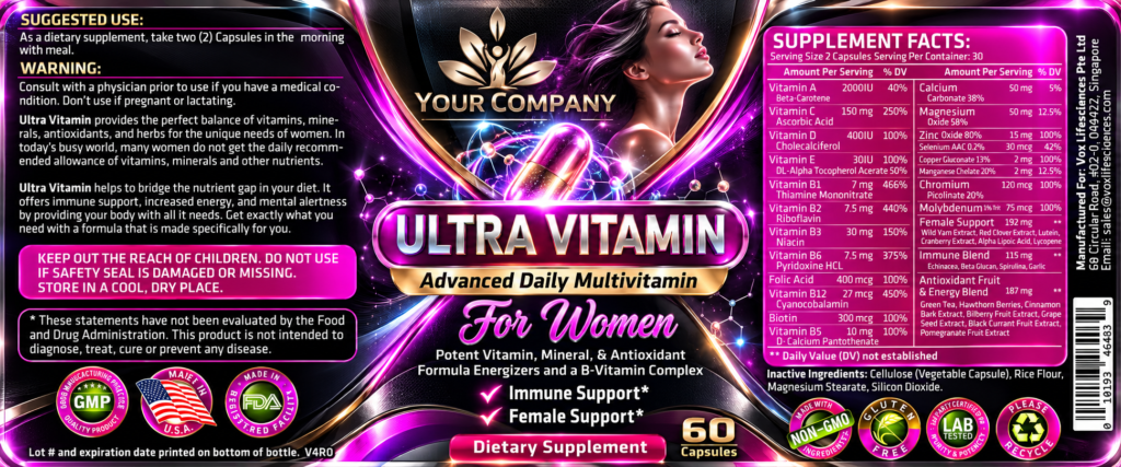Ultra Vitamin for Women Supplement Label – Futuristic & Neon Design