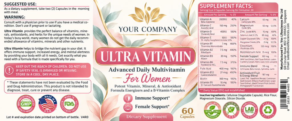 Ultra Vitamin for Women Supplement Label – Modern & Clean Design