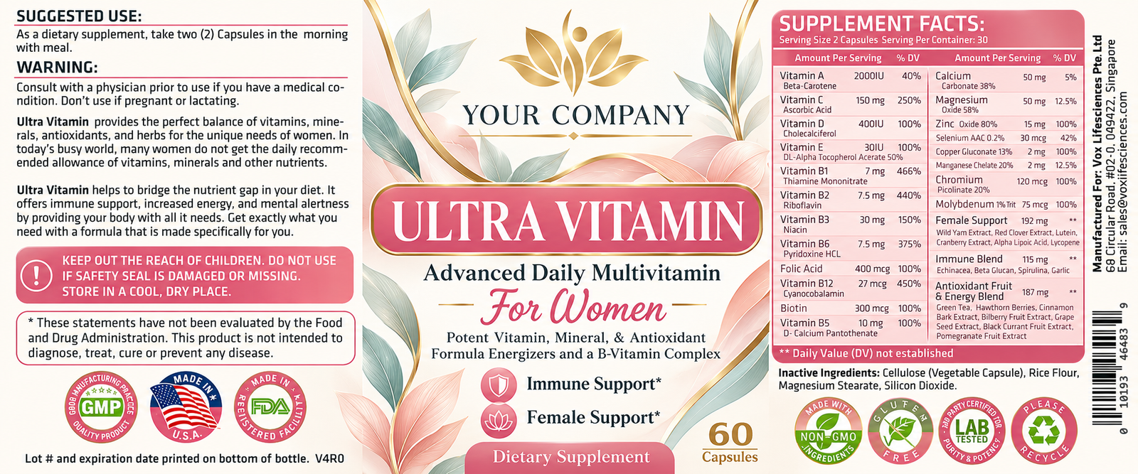 Ultra Vitamin for Women Supplement Label – Modern & Clean Design