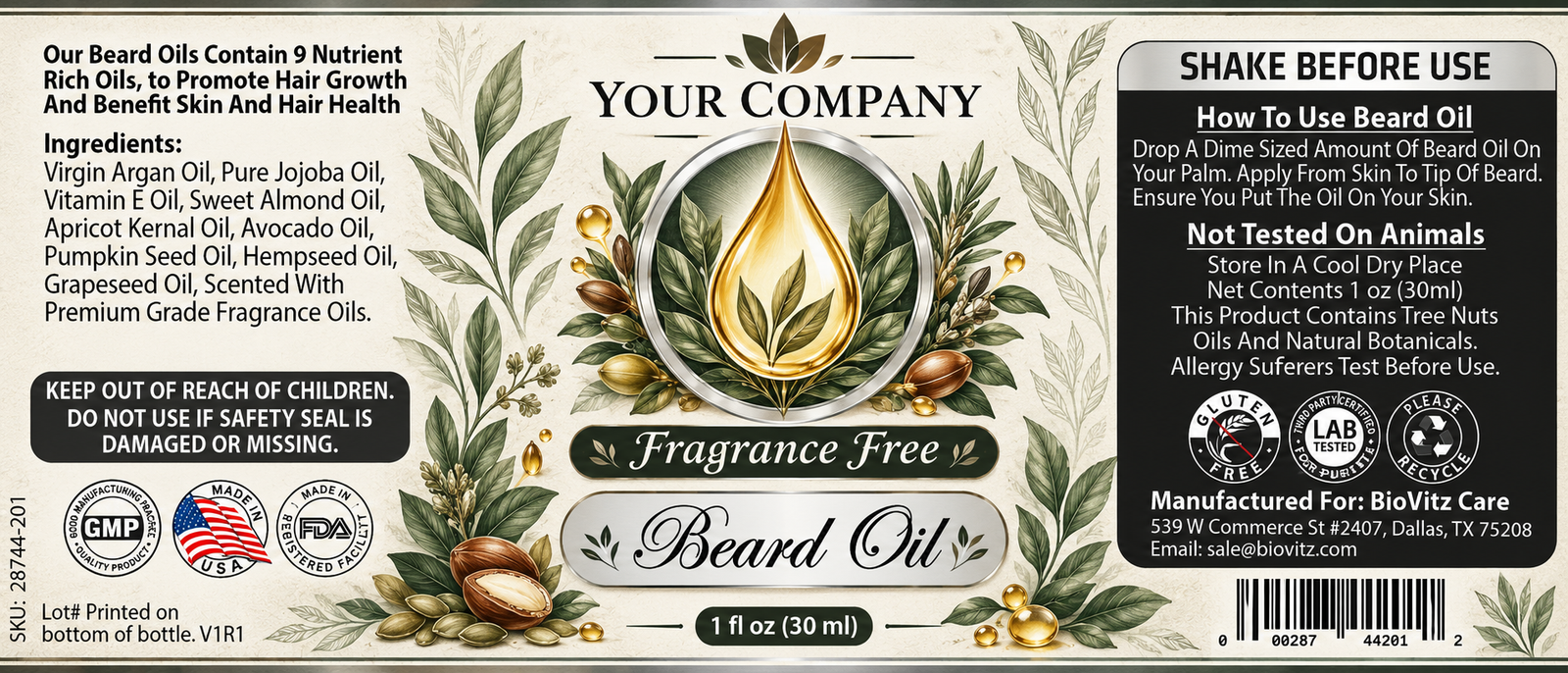 Unscented Beard Oil Label – Botanical & Natural Design