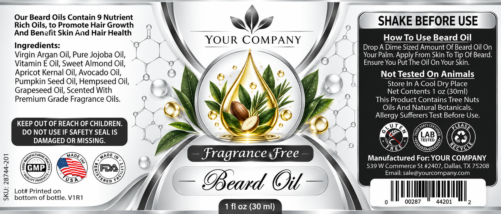 Unscented Beard Oil Label – Classic & Elegant Design
