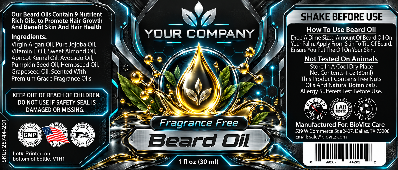 Unscented Beard Oil Label – Futuristic & Neon Design