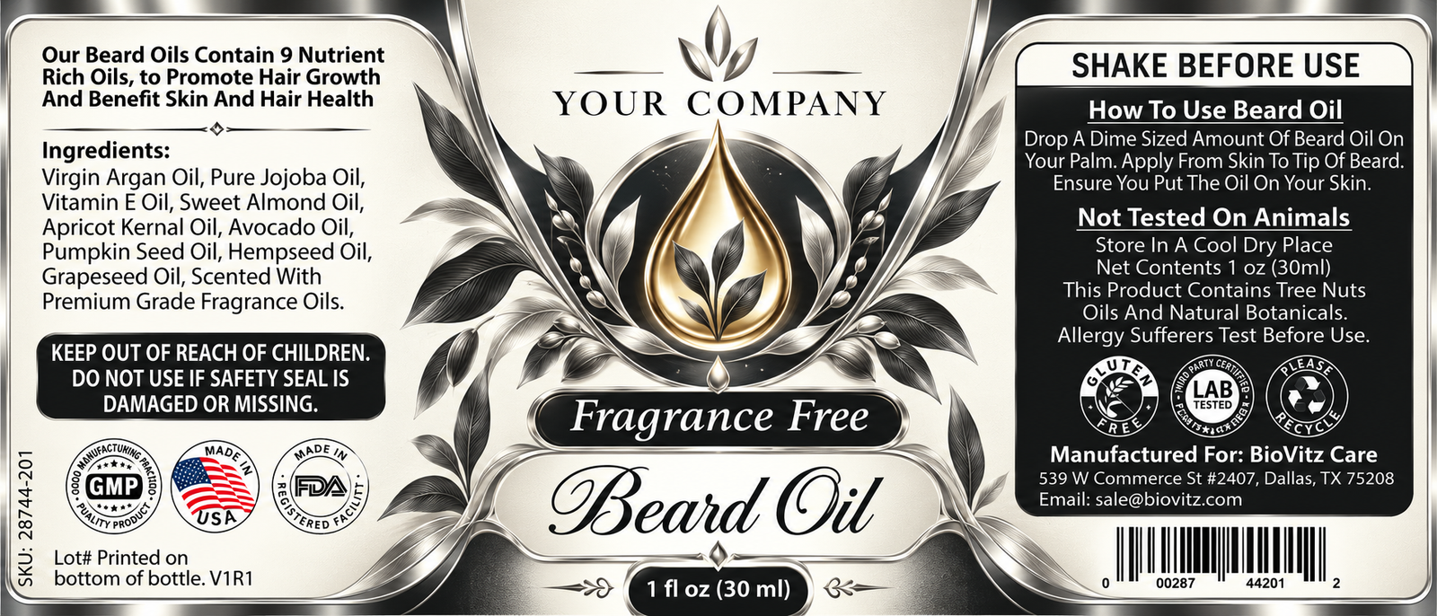 Unscented Beard Oil Label – Luxury & Premium Design