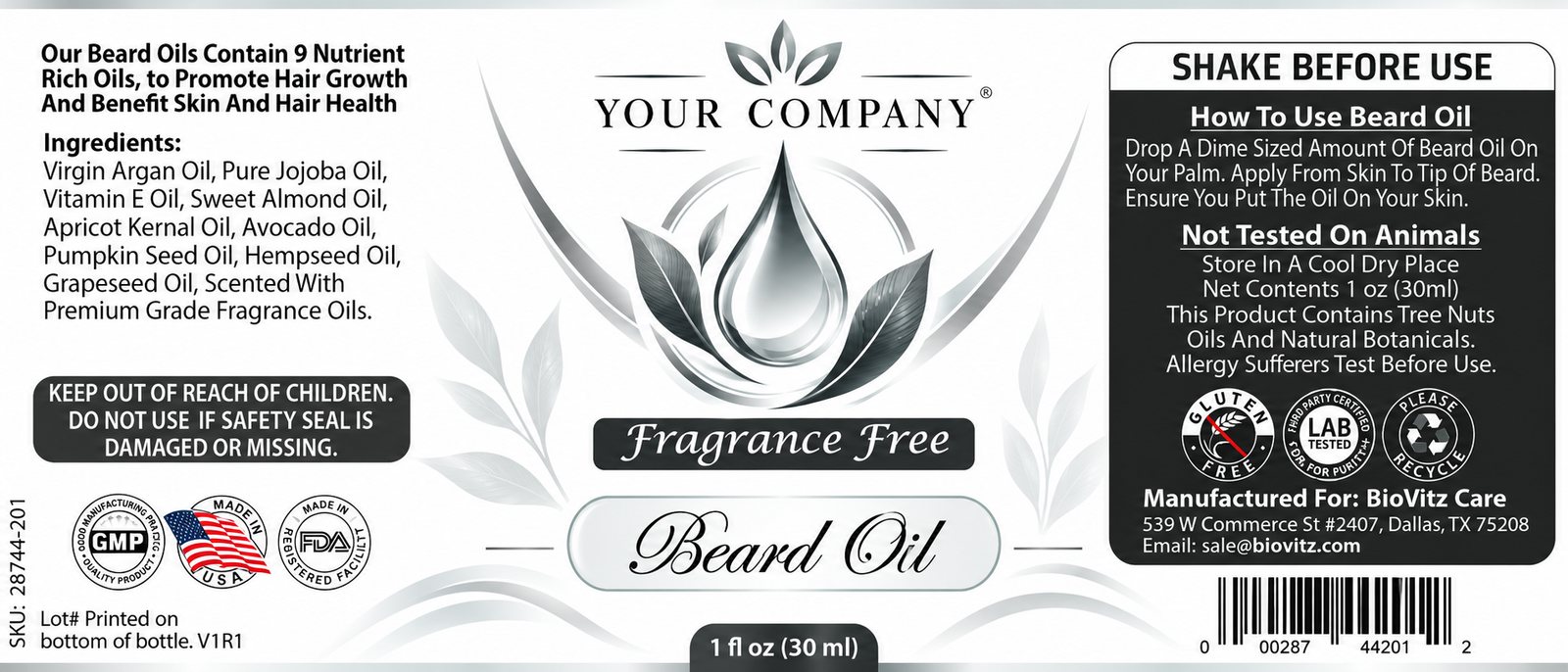 Unscented Beard Oil Label – Modern & Clean Design