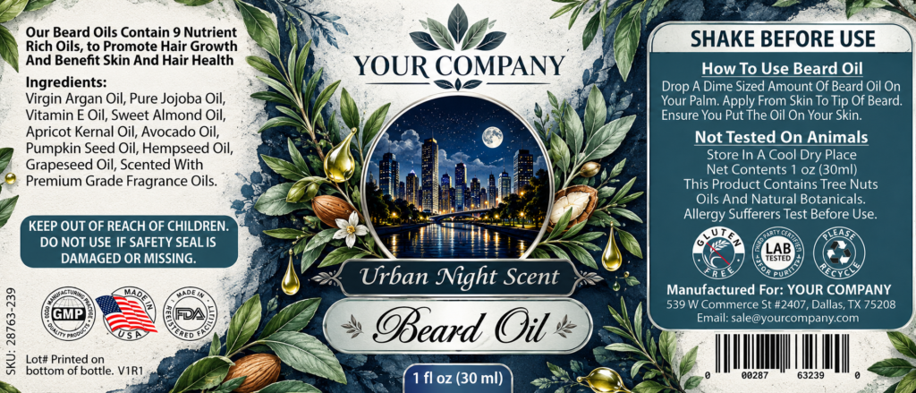 Urban Night Beard Oil Label – Botanical & Natural Design