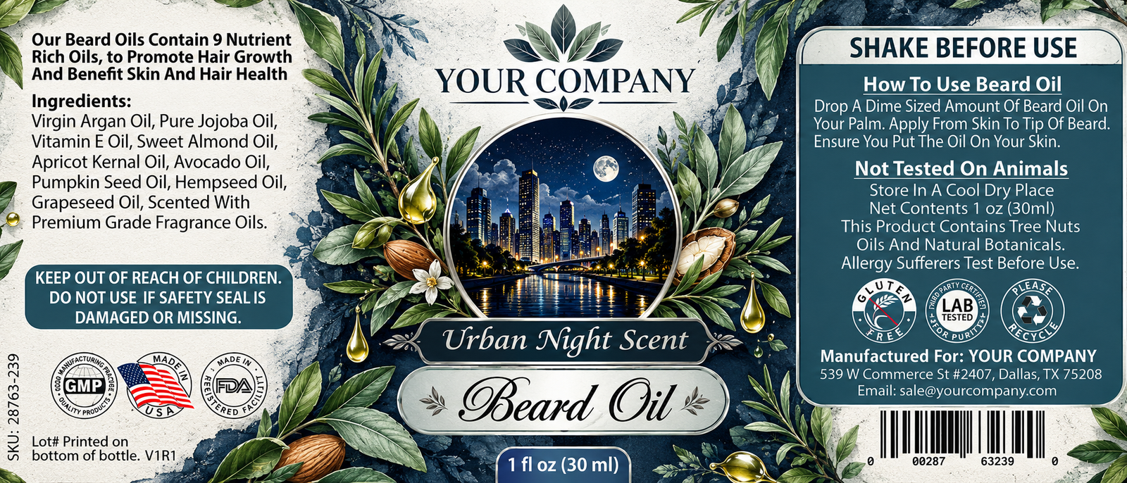 Urban Night Beard Oil Label – Botanical & Natural Design