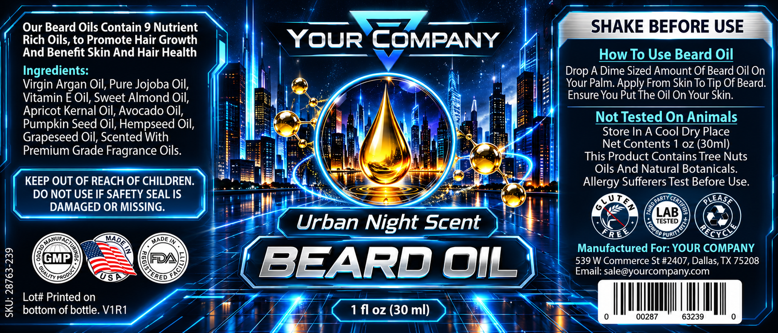 Urban Night Beard Oil Label – Futuristic & Neon Design