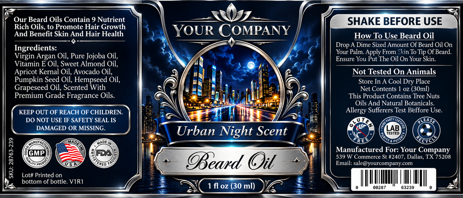 Urban Night Beard Oil Label – Luxury & Premium Design