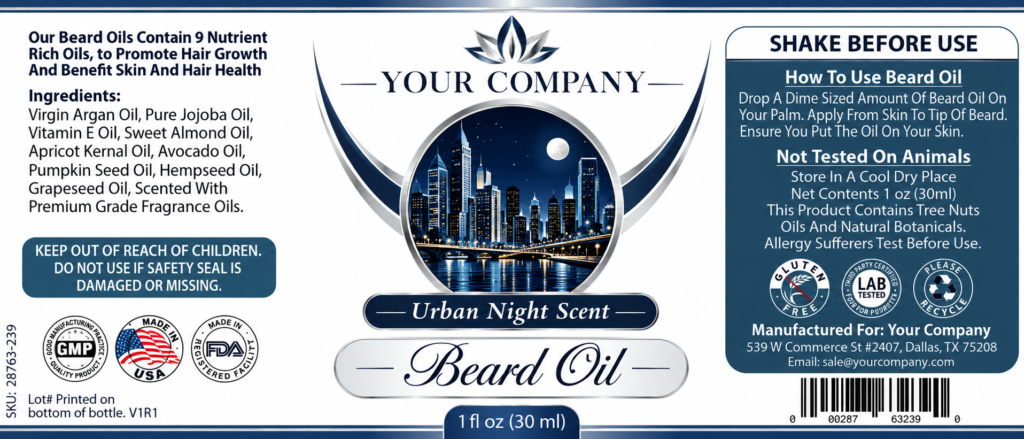 Urban Night Beard Oil Label – Modern & Clean Design