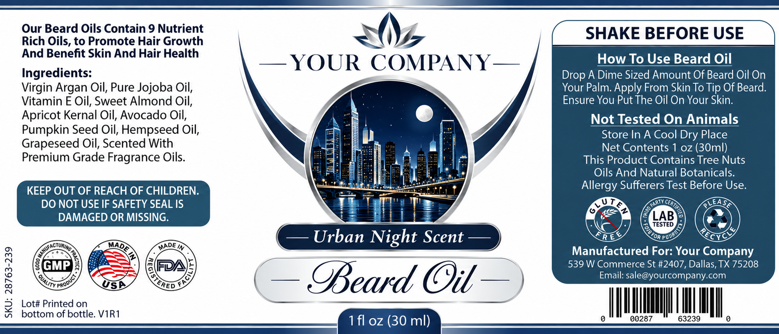 Urban Night Beard Oil Label – Modern & Clean Design