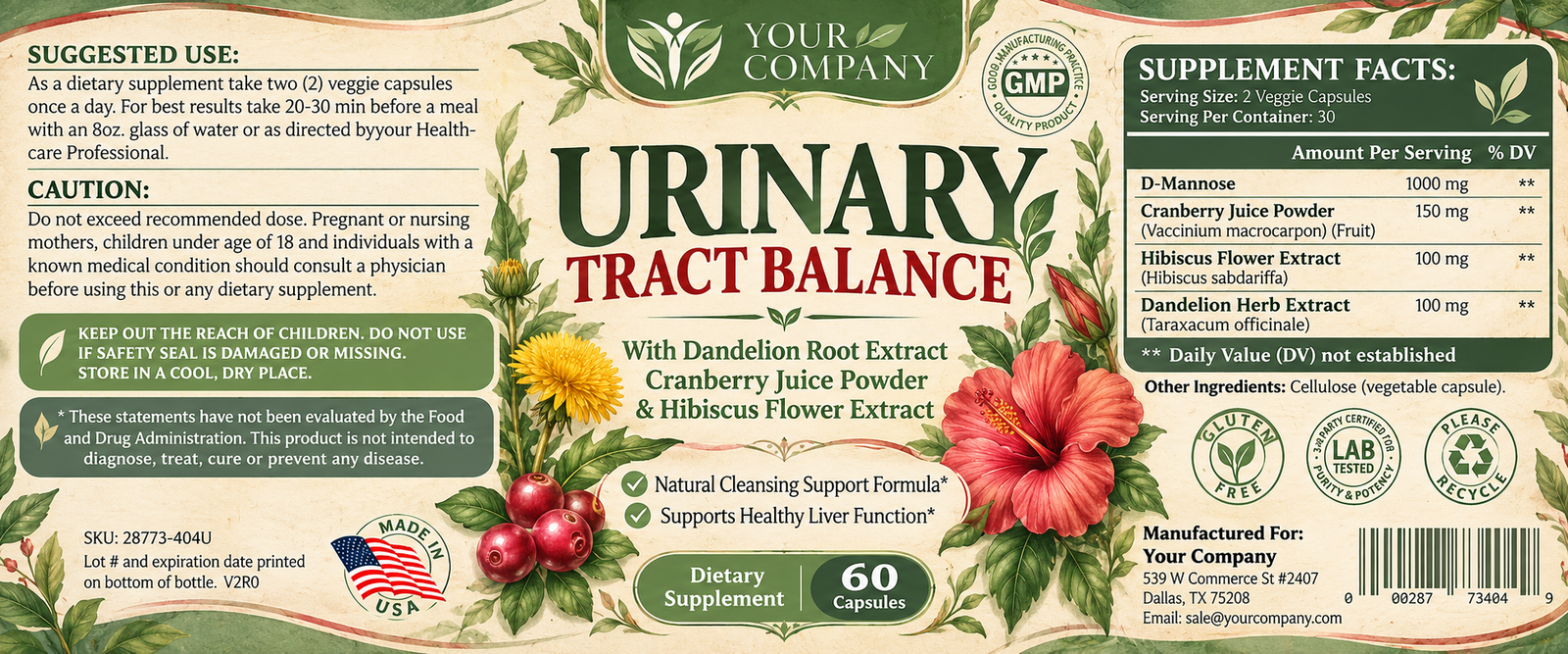 Urinary Tract Balance Supplement Label – Botanical & Natural Design
