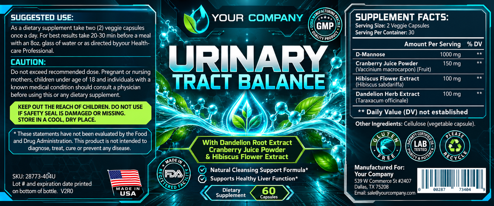 Urinary Tract Balance Supplement Label – Futuristic & Neon Design