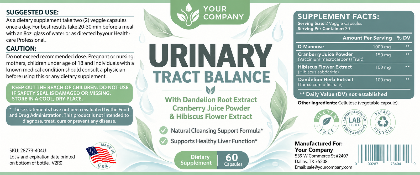Urinary Tract Balance Supplement Label – Modern & Clean Design