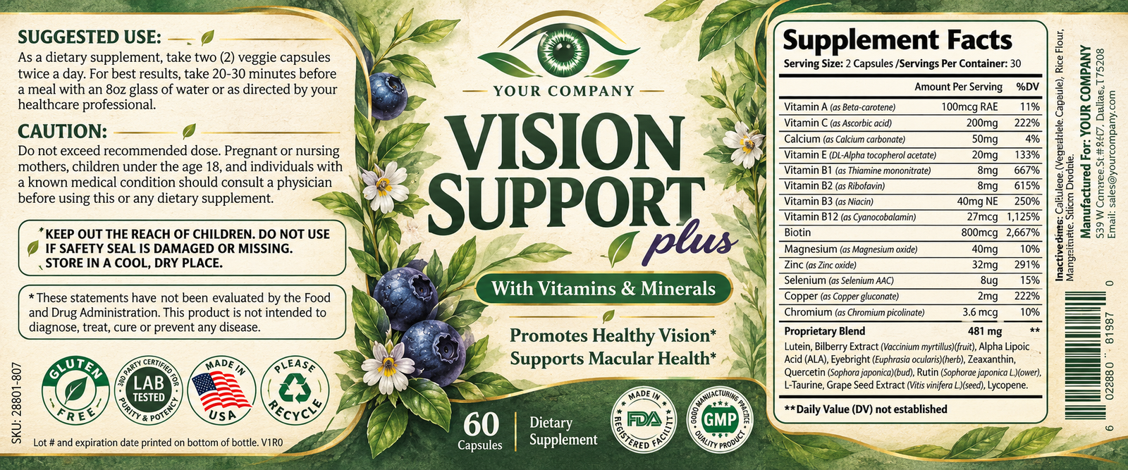 Vision Support Supplement Label – Botanical & Natural Design