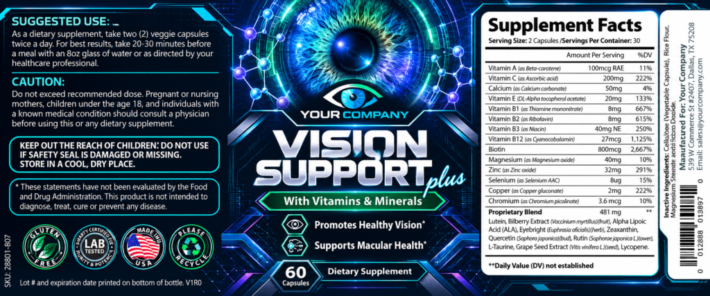 Vision Support Supplement Label – Futuristic & Neon Design