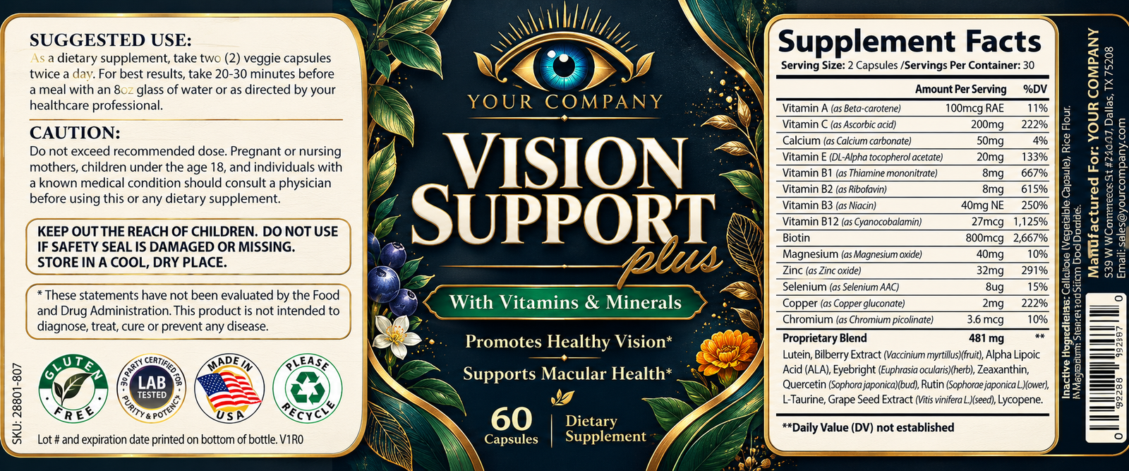 Vision Support Supplement Label – Luxury & Premium Design