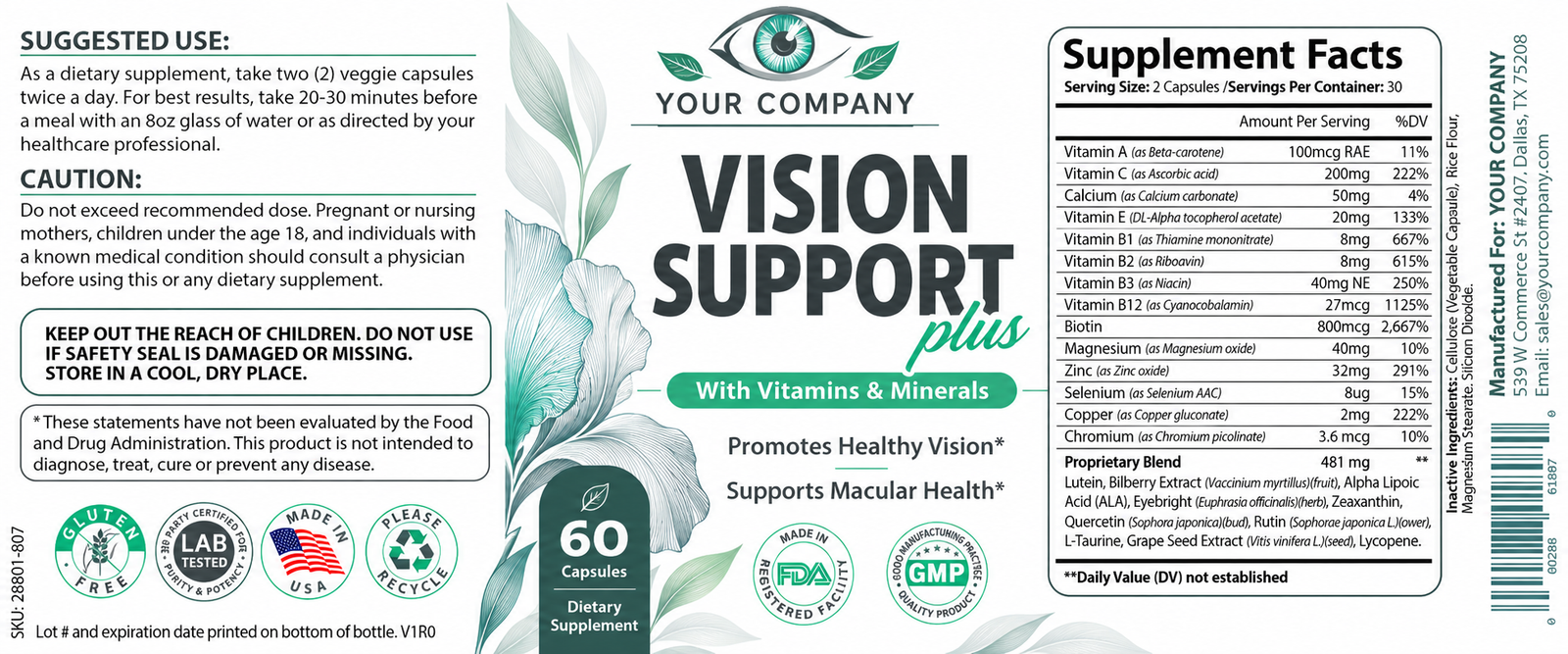 Vision Support Supplement Label – Modern & Clean Design