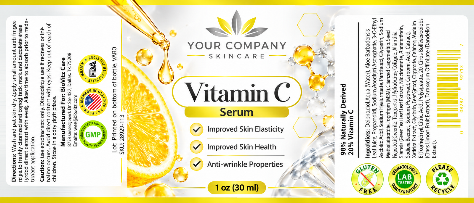 Vitamin C Serum 1oz Skin Care Label – Classic & Elegant Design