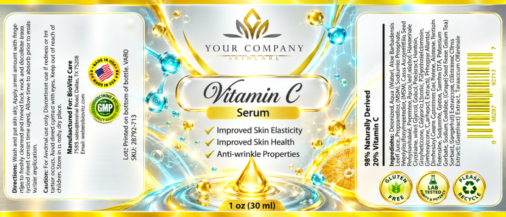 Vitamin C Serum 1oz Skin Care Label – Futuristic & Neon Design