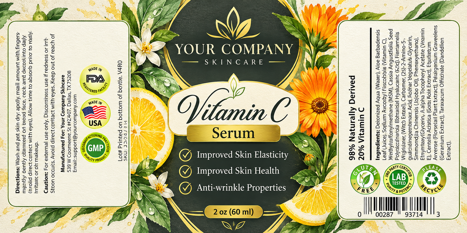 Vitamin C Serum 2oz Skin Care Label – Botanical & Natural Design