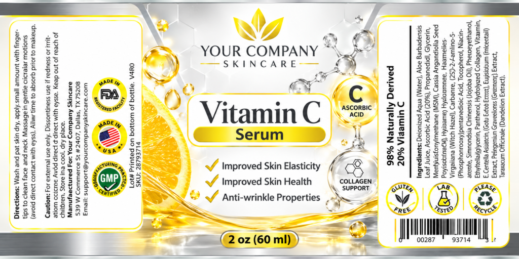 Vitamin C Serum 2oz Skin Care Label – Classic & Elegant Design