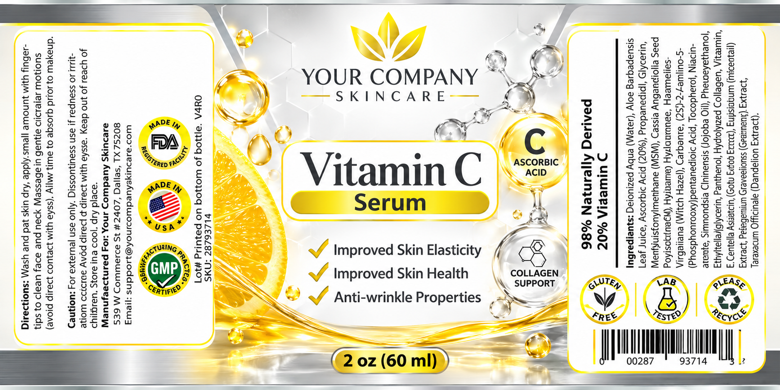 Vitamin C Serum 2oz Skin Care Label – Classic & Elegant Design