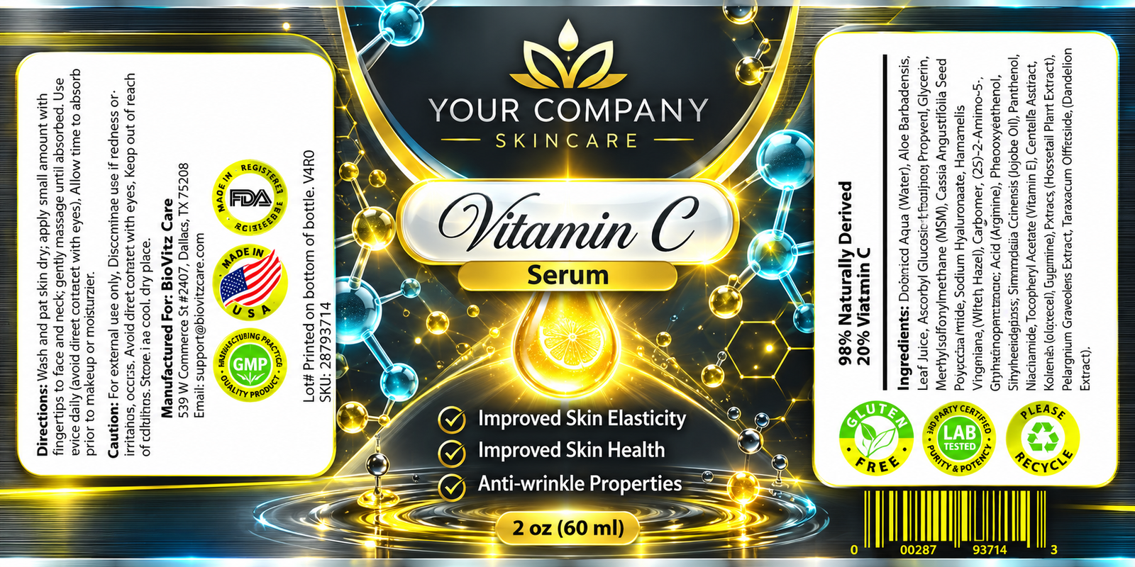 Vitamin C Serum 2oz Skin Care Label – Futuristic & Neon Design